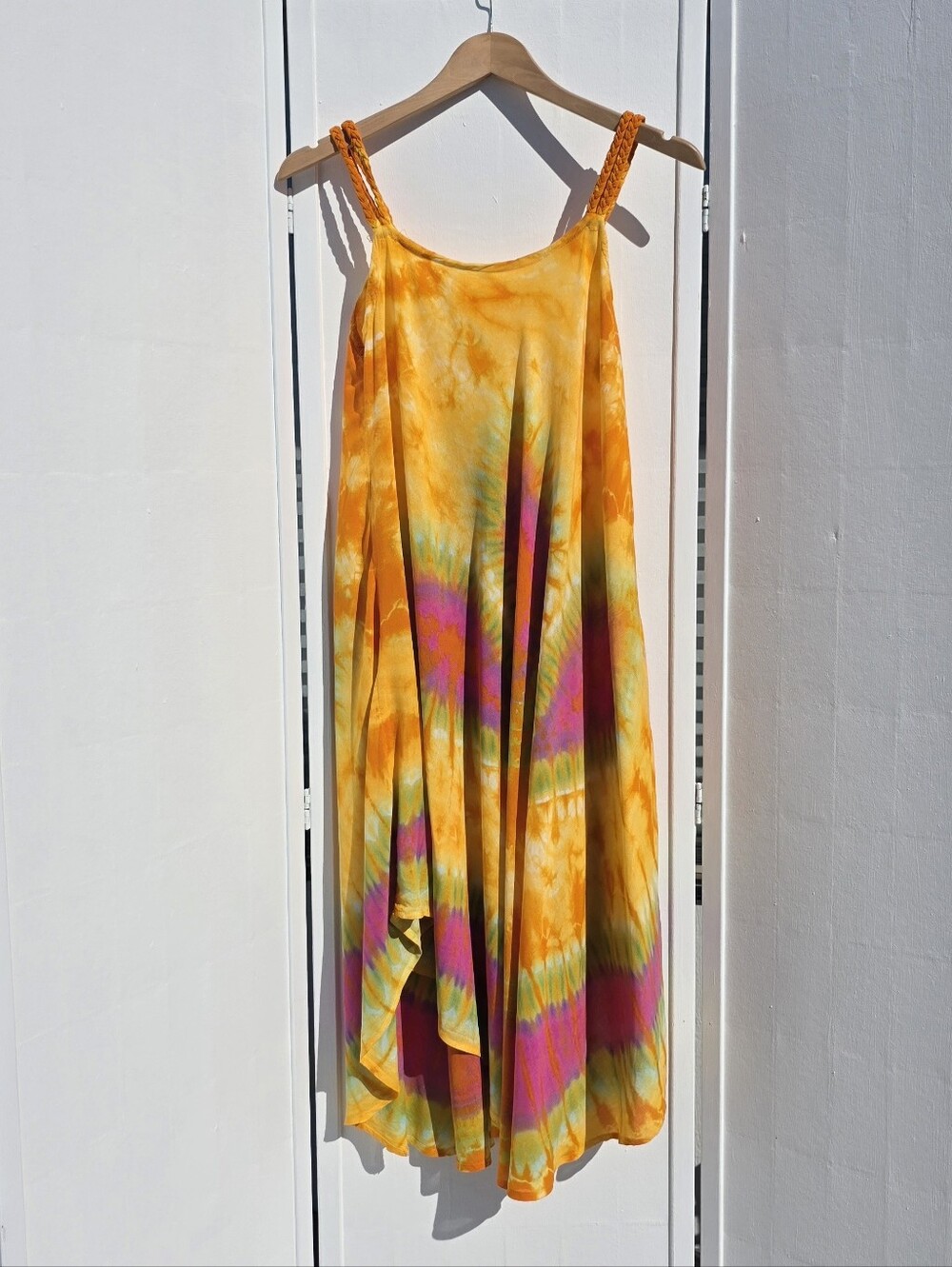 Unbranded 100% Cotton Tie-Dye Flowy Midi Dress in Yellow, Orange, Green and Pink